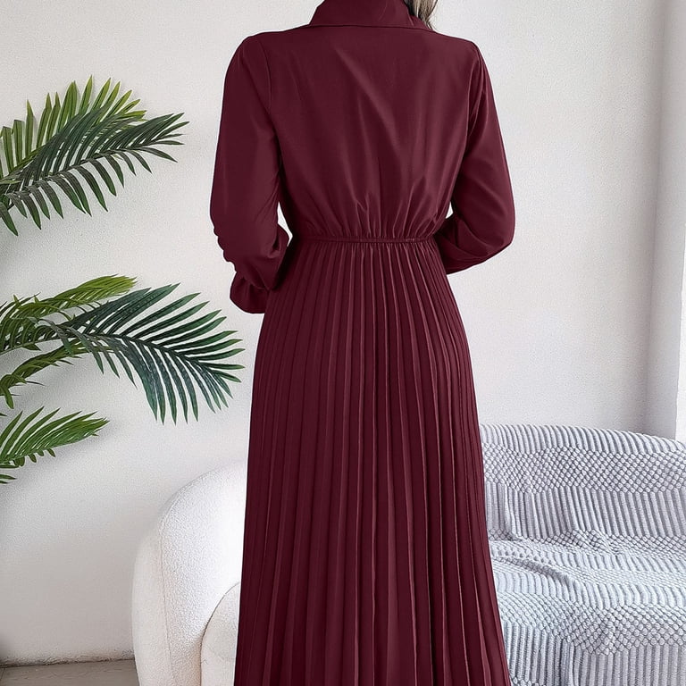 Fsqjgq Elegant Fall Dresses for Women Casual Winter Crewneck Long Sleeve  Ruffle Flowy Wedding Guest Dresses Tie Waist Pleated Black Midi Dress with  Belt Red 1 L - Walmart.com