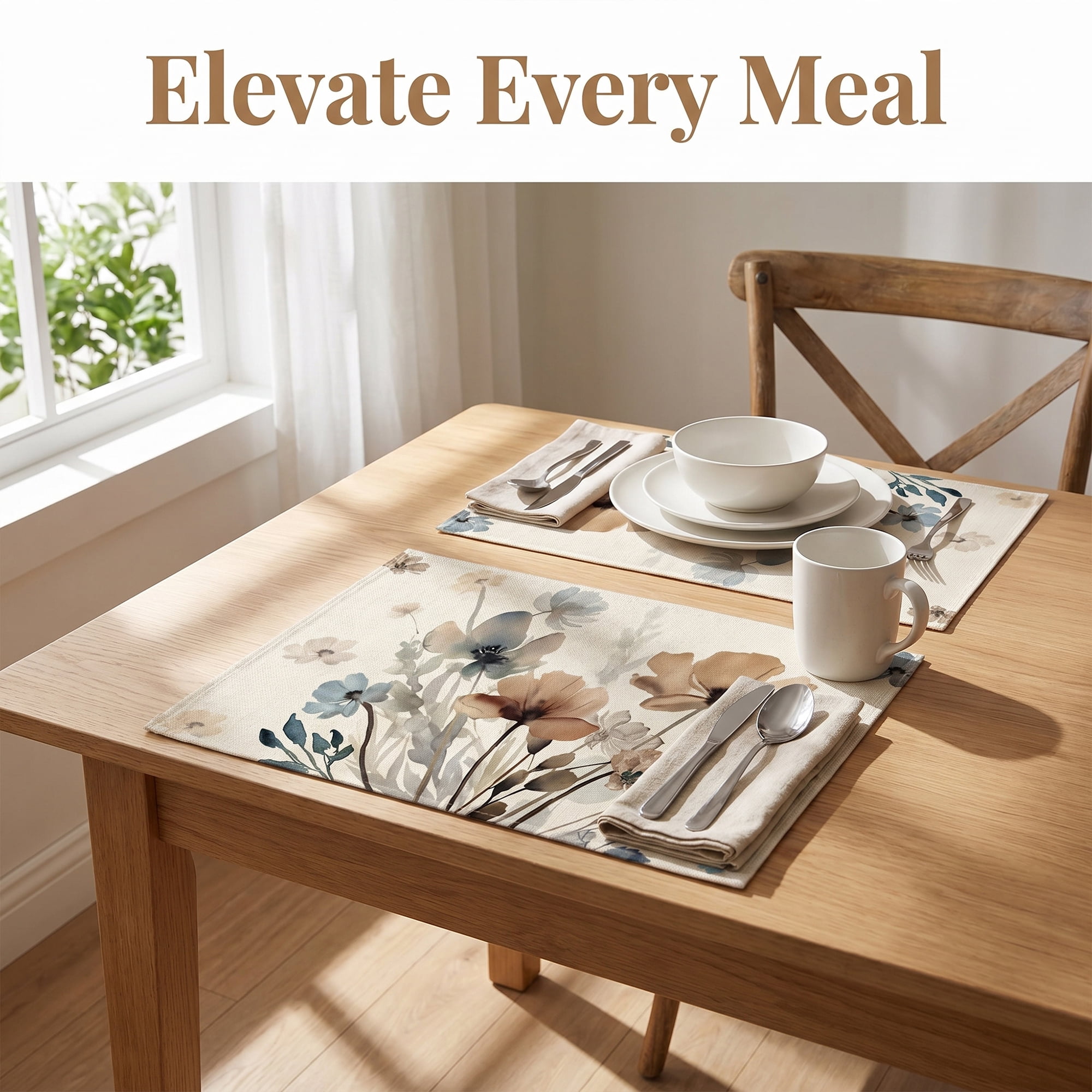 Unique Bargains Durable Farmhouse Placemats Set of 6 Linen Placemats Flowers A 18*12in