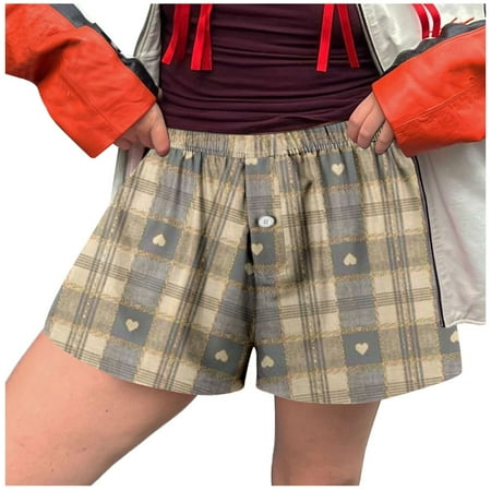 Blphud Womens Shorts Casual Short Underwear for Women Women Shorts Cute Soft Elastic Low Waist Plaid Print Button Front Pajama Bottoms Boxer Shorts Sleepwear plus Size Overalls Shorts Khaki XL
