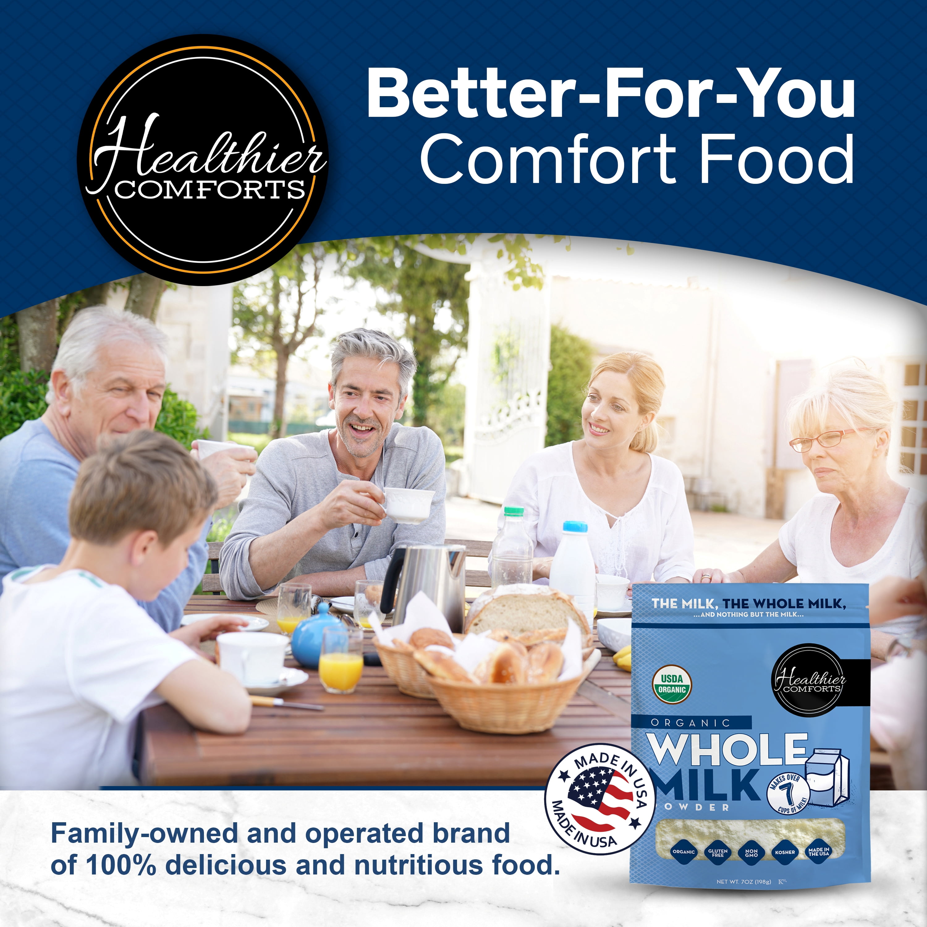 Healthier Comforts Organic Whole Milk Powder 7oz | Certified USDA Organic | Kosher, Gluten Free, Non-GMO Dry Powder Whole Milk | Dried Milk w/Resealable Packaging, Shelf Stable