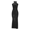 thumbnail image 3 of LYEAA Long Maxi Dresses for Women Sleeveless One Neck Glitter Sequin Dress Off Shoulder Elegant Dress Solid Color Cutout Evening Gown Cocktail Dress Fashion Dress Dress Black S, 3 of 5