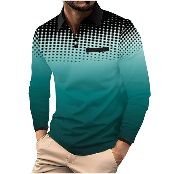 Blusa y camisa de manga larga con cuello vuelto para hombre, camisa deportiva de color liso con solapa y botones, blusa de poliéster de manga larga con solapa para hombre
