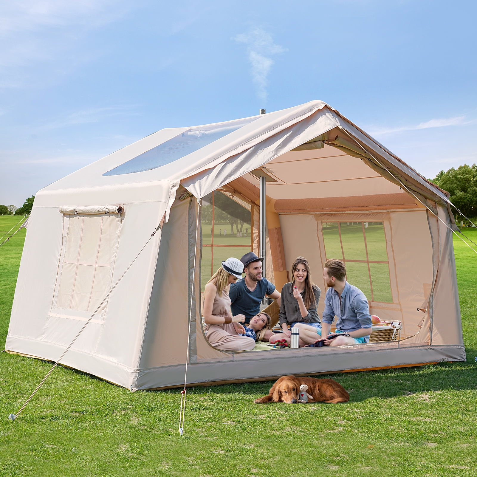 Slsy 6-8 Person Inflatable Camping Tents with Hand Pump & Carry Bag, Air Glamping Tents, Easy Setup Waterproof Windproof Blow up Tent, 4 Seasons Oxford Cabin Tent with Dual Mesh & Chimney Window