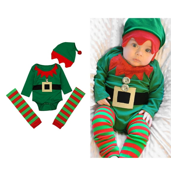 Elf Outfit Toddler Girl Long Sleeve Elf Rompers Jumpsuits Hat Set Holiday Party Dress Baby's First Christmas Outfit 12-18 Months