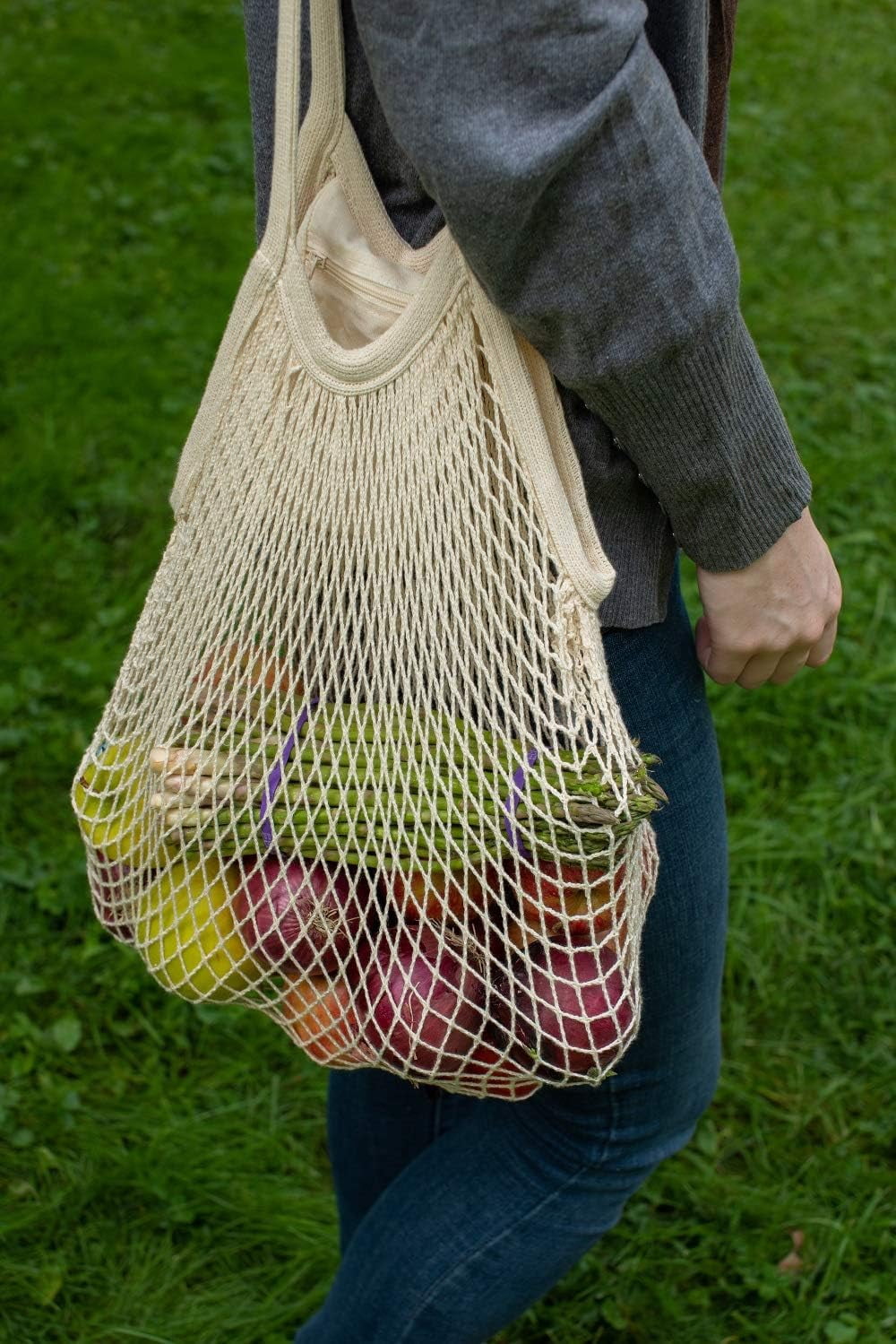 YEKEYI Premium Cotton Mesh Grocery Totes - Reusable French Market Bags - 100% Cotton String Bags for Farmers Market, Produce, Grocery or Beach Trip (3 Pack)