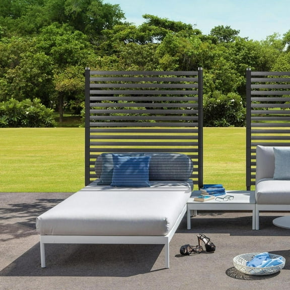 Freestanding Metal Privacy Fence Panel 2.8ftx4ft, Outdoor Slatted Screen for Trash Can Concealment, Durable Patio Garden Barrier with Modern Pipe Design