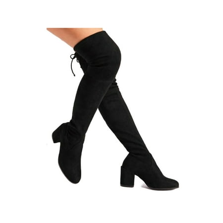 

Ferndule Womens Over The Knee Boots Chunky Heel Winter Shoes Stretchy Thigh High Boot Non Slip Faux Suede Dress Lace Up Comfortable Black 8.5