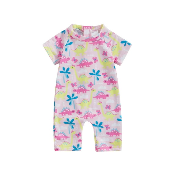 Baby Girl Summer One Piece Swimsuit Short Sleeve Zipper Rash Guard Dinosaur Print Bathing Suit