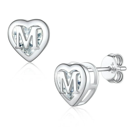 U7 Initial Heart Stud Earrings for Women Letter M Earring Sterling Silver Hypoallergenic Studs CZ Earring Jewelry for Mom Daughter Birthday Mother's Day Gift