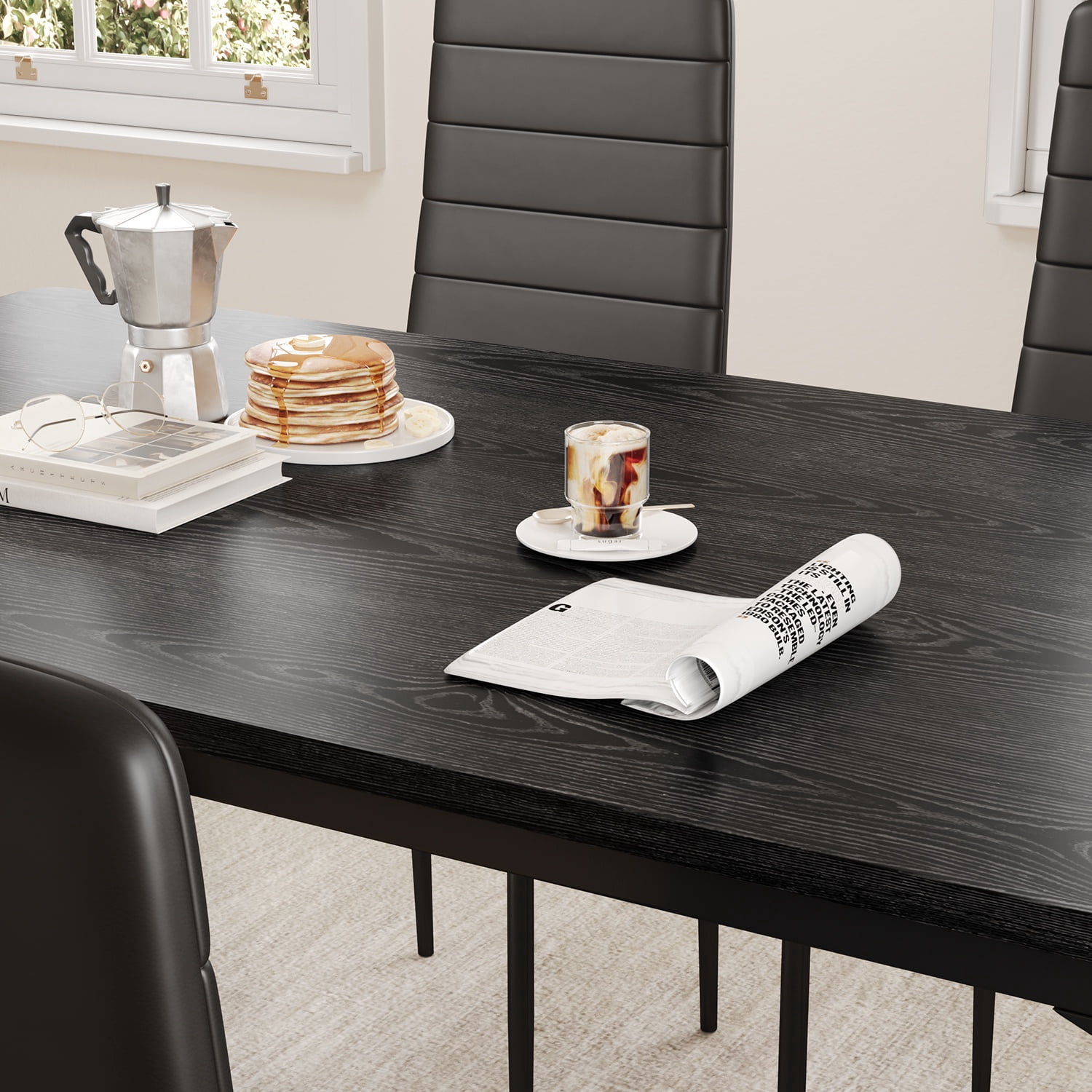 63"  Rectangular Dining Table Set for 6, PU Upholstered Chair Kitchen Dinette Furniture for Home & Restaurant,Sturdy Easy Clean,Black