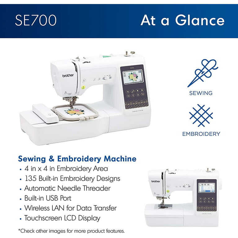 Brother SE700 Sewing and Embroidery Machine, Wireless LAN Connected, 135  Built-in Designs, 103 Built-in Stitches, Computerized, 4 x 4 Hoop Area,  3.7 Touchscreen Display, 8 Included Feet