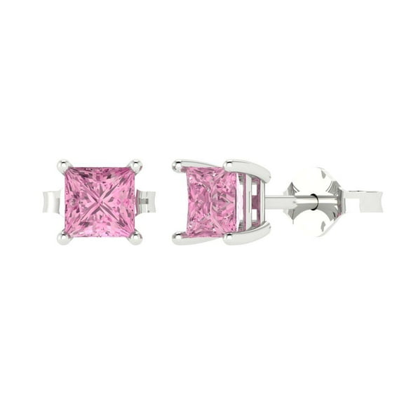 1 ct Push-Back Stud Earrings for Women | 4.5mm Princess Cut Simulated Pink Diamond | 18K White Gold