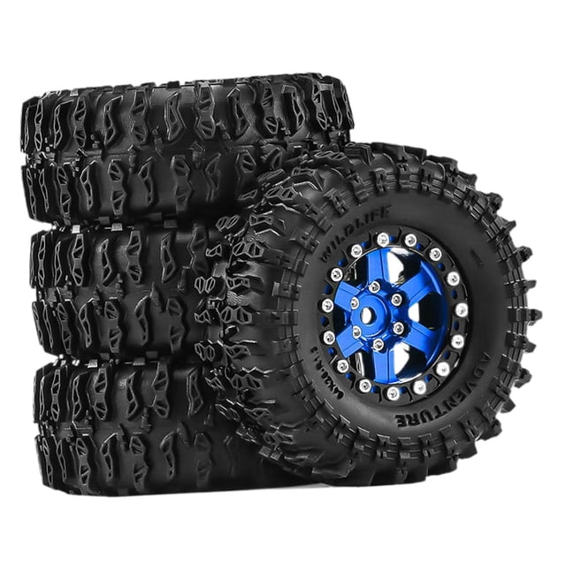 Fiocias 4 Pcs Pneus de Voiture RC Simulation Roues Pneus Modèle Accessoires DIY Alliage d'Aluminium PP Construction Adapté pour RC Crawler Voiture Télécommandée Jouet Remplacement Bleu