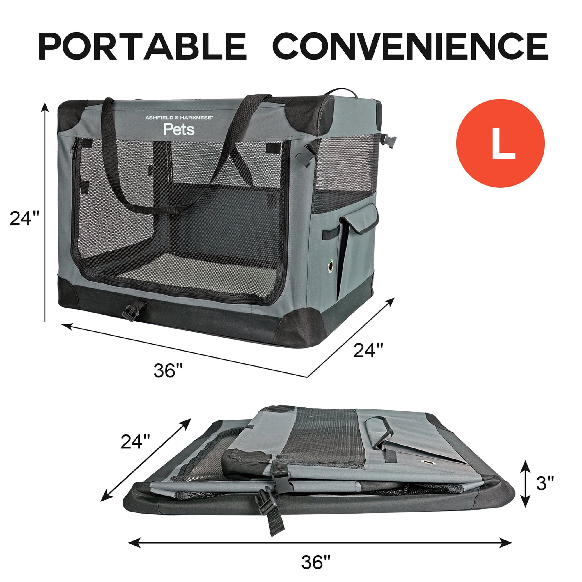 Ashfield & Harkness: Collapsible Soft Dog Crate - 36" - Gray, Sherpa Lined Mat, Durable Mesh Windows, Portable Foldable Pet Kennel, Indoor & Outdoor