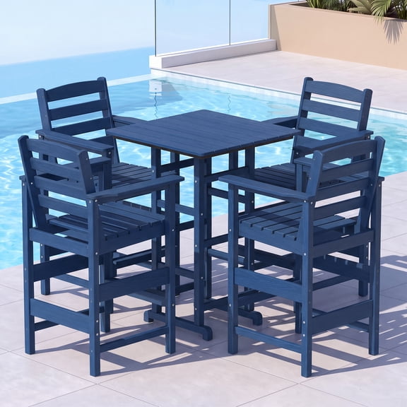 Cobiod Adirondack Bar Set, 5-Piece Outdoor Patio Furniture Set with 4 Bar Height Chairs and Table, HDPE All-Weather Balcony, Backyard, Blue