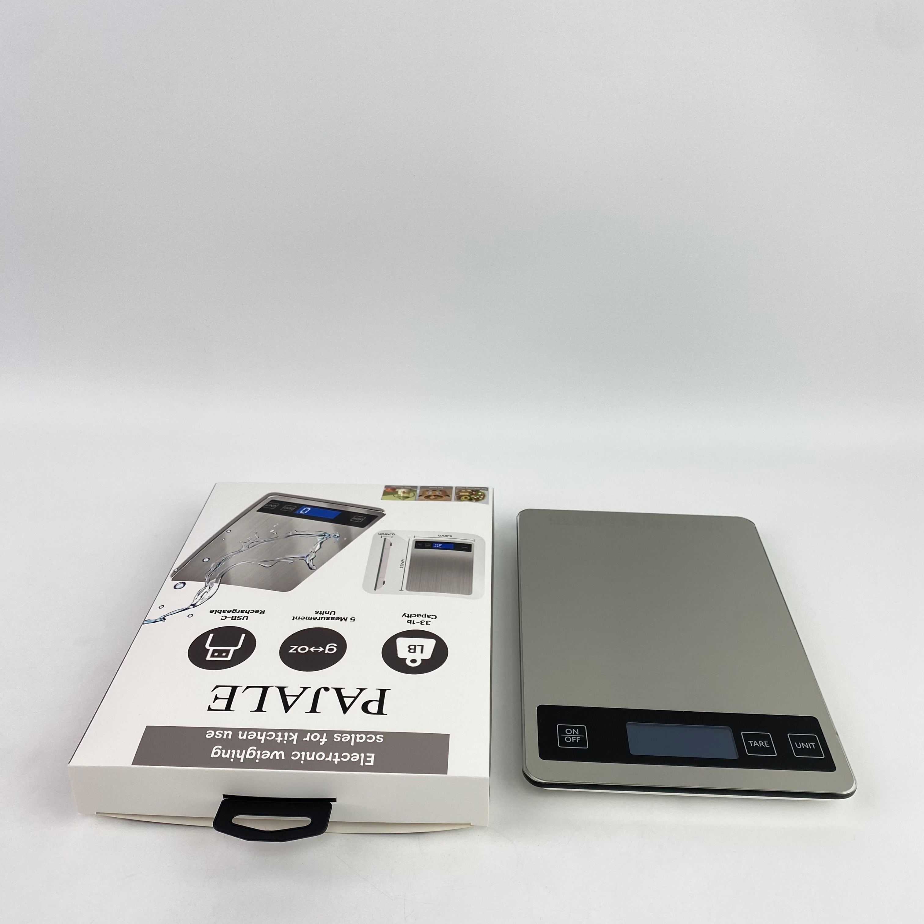PAJALE Electronic weighing scales for kitchen use,33lb Food Scale, Digital Kitchen Scale Batteries and USB Charging,1g/0.05oz Precise Graduation (Stainless Steel)
