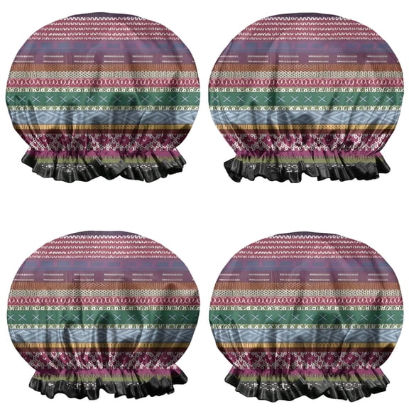 Shower Caps,Purple Boho Tribal Stripes and Hearts Pattern Waterproof Shower Cap for Women 4 Pieces,Double Reusable Hair Cover for Shower PEVA Elastic Stretch Hem