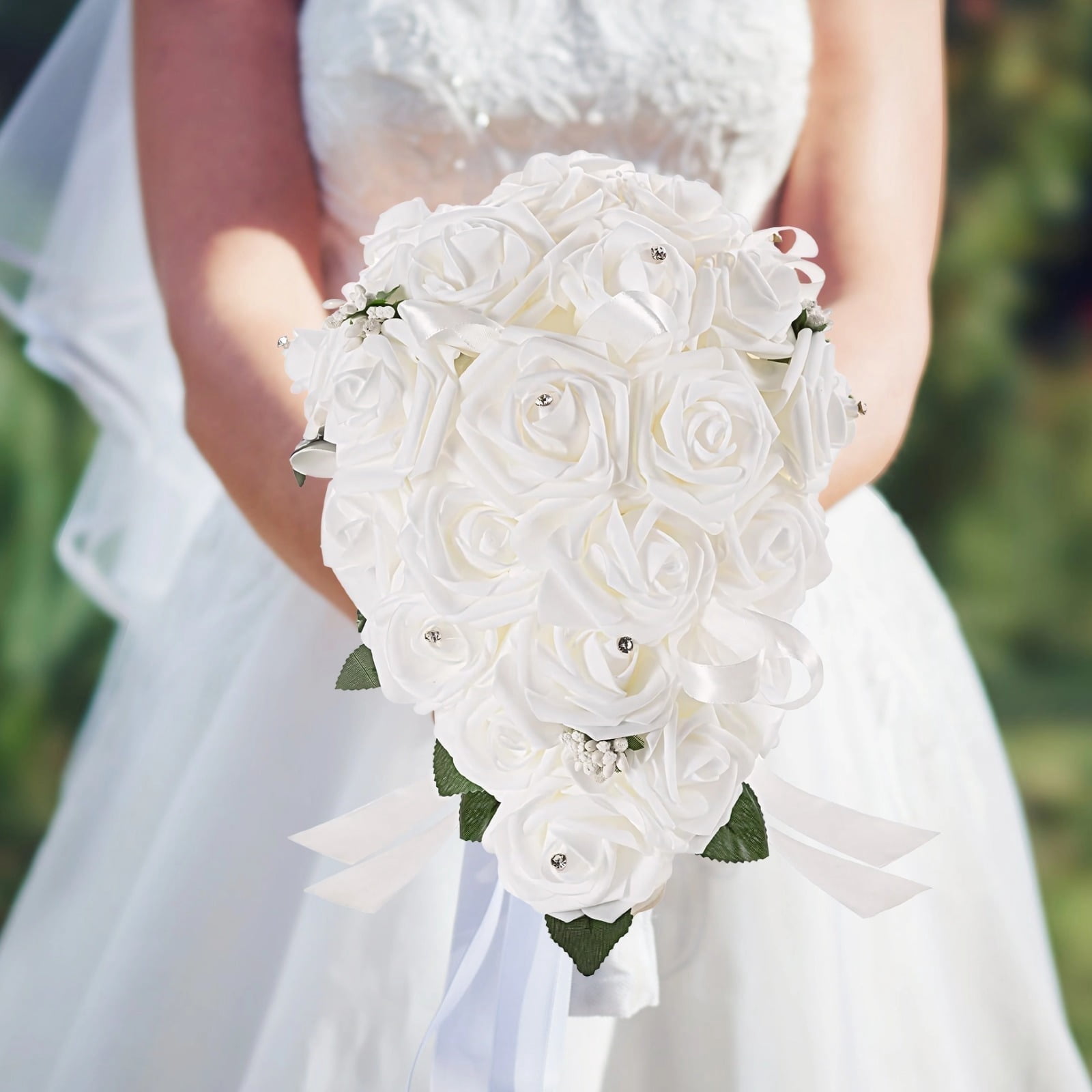Elegant White Artificial Rose Bridal Bouquet - Luxury Faux Flower Arrangement for Weddings, Ceremonies & Bridal Showers - Stunning Foam Flowers with Rhinestones