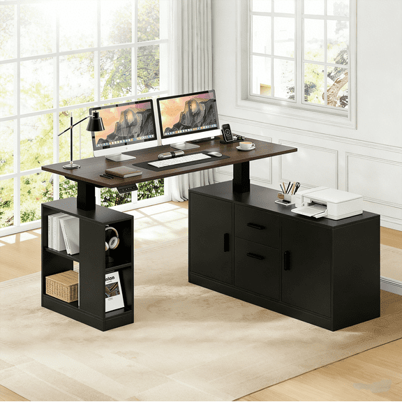 Winkalon Farmhouse L Shaped Electric Standing Desk, 55" x 47" Height Adjustable Home Office Executive Desk with Drawers and Shelves, Standing Computer Desks with Power Outlet for Home Office, Black