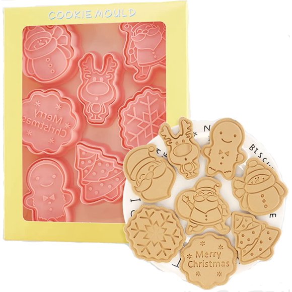 Christmas Cookie Cutters with Stamps Set, Xmas Cookie Plunger Mold, 3D Pressable Biscuit Cutters, Gingerbread Man/Christmas Tree/Snowman/Reindeer/Santa, Embossed Pastry Cutters for Kitchen Baking