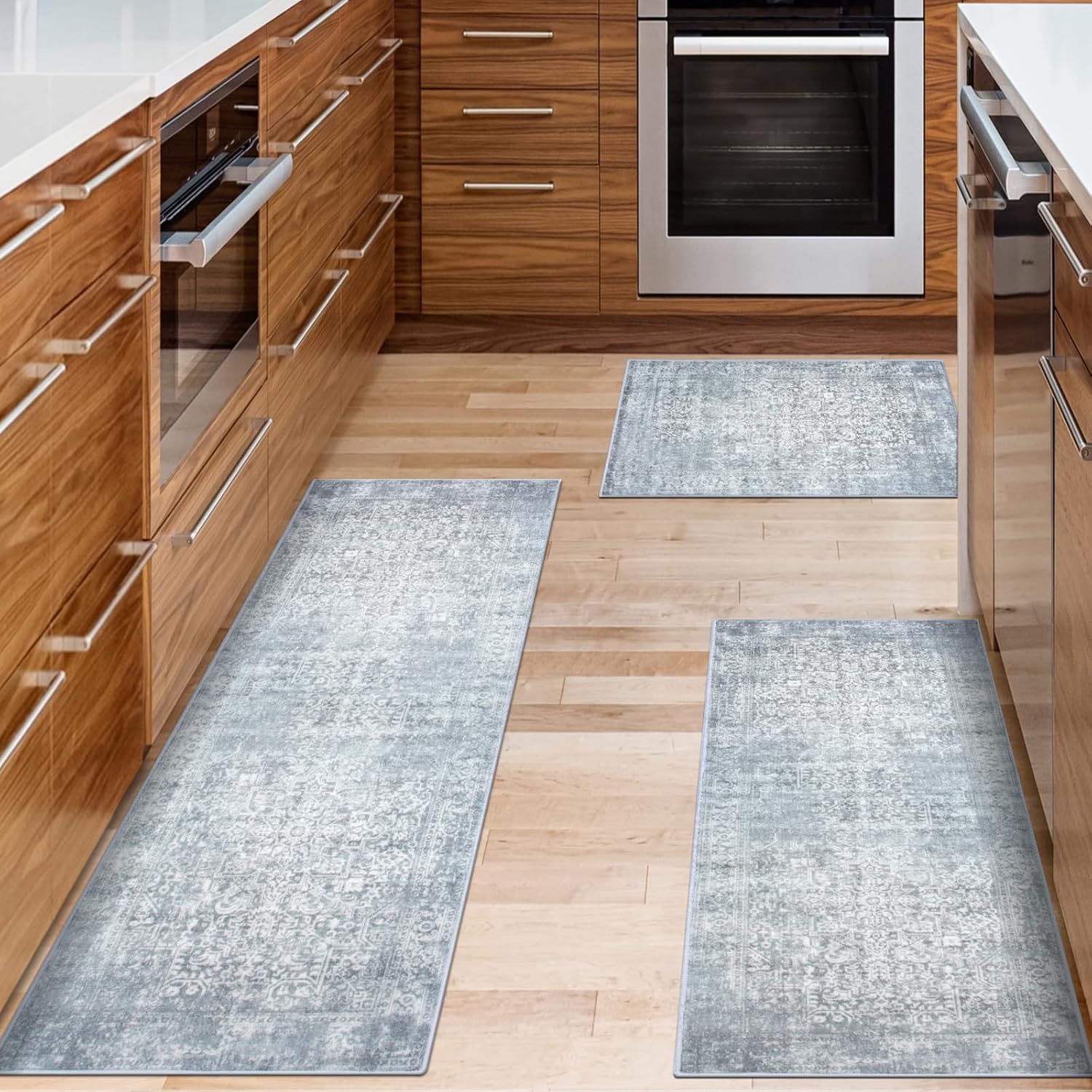 Kitchen Rugs Sets of 3 Non Slip Washable Kitchen Mats for Floor 3 Piece Set Boho Kitchen Rug Sets Gray Runner Carpets Absorbent for Laundry Room Hallway Sink
