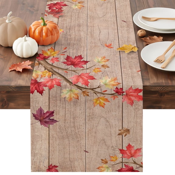 Thanksgiving Table Runner - 36 Inch Long Vintage Fall Orange Maple Leaves Wooden Cotton and Linen Blended Dress Scarves Farmhouse Table Runner for Kitchen Dining, Coffee Table, 13" x 36"