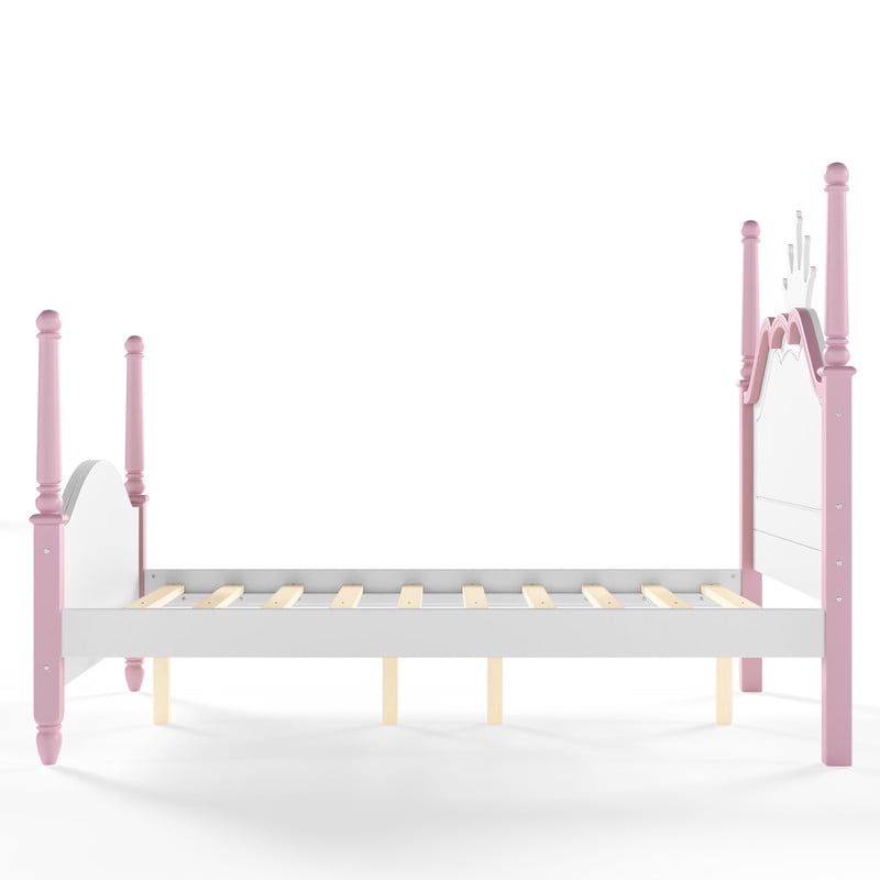 Full Size Kids Low Profile Platform Bed, Curved Footboard Four Poster Bed, Wooden Princess Bed Frame with Crown Shaped Headboard