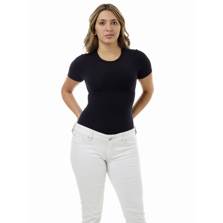 Underworks Womens Ultra Light Cotton Spandex Compression Crew Neck T-shirt  - White - XS