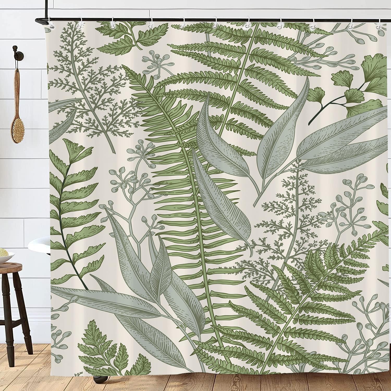 Extra Long Sage Green Leaves Shower Curtain, Tall Plant Bathroom Shower Curtains, Waterproof Fabric Botanical Shower Curtain, 72 x 84 Inch