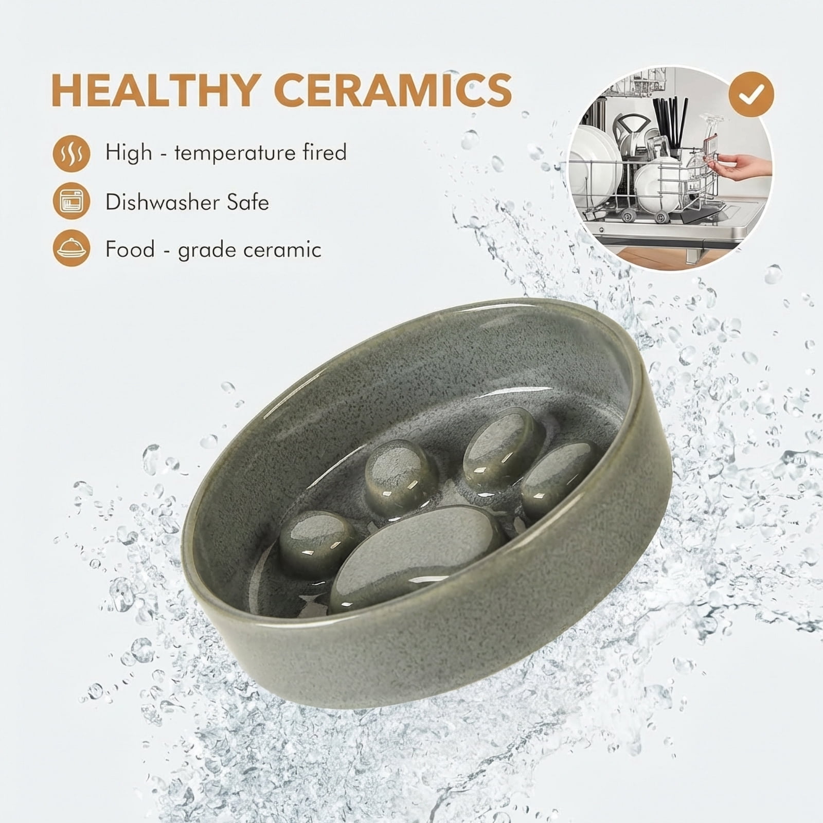 JoyPetto Elevated Ceramic Slow Feeder Water Bowl Set with Adjustable Bamboo Stand, 6.5" 6.1" 27oz Safe Feeder for Small Pets, Grey