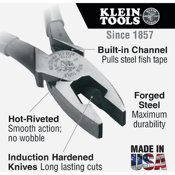 Klein High-Leverage Fish Tape Pulling Linesman Pliers - Single Pack — Heavy-Duty Construction, Professional Use
