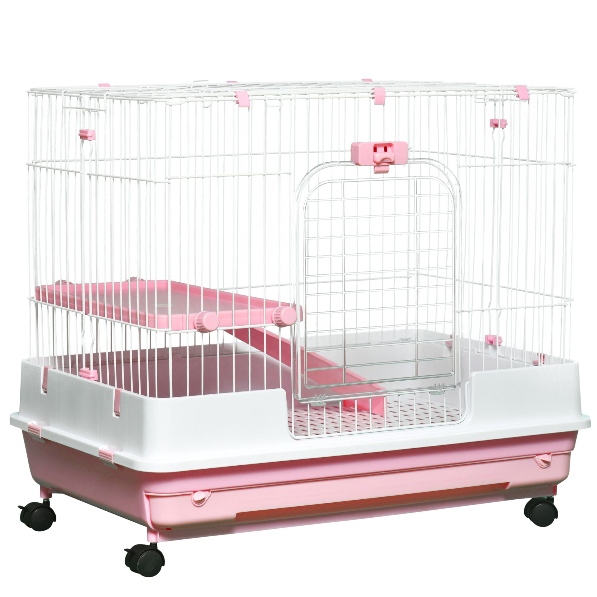 Small Animal Cage 2-Level Pink Metal and Plastic Rabbit Hutch with Wheels, Removable Tray, Platform, and Ramp for Indoor Pets