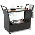 FHFO Outdoor Rolling Wicker Rattan Bar Serving Cart with Removable Ice