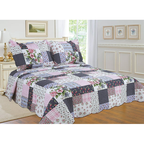 All For You 3pc Reversible Quilt Set Bedspread And Coverlet With Flower Prints Larger King 100 X 110 With King Size Pillow Shams Walmart Com Walmart Com