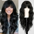 thumbnail image 1 of Peluca negra con flequillo para mujer, peluca de pelo largo ondulado, peluca negra, pelucas sintéticas onduladas y rizadas para niñas, uso diario en fiestas, 1 of 5