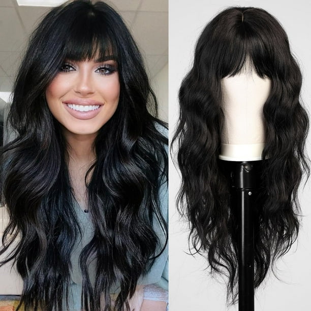 Peluca negra con flequillo para mujer, peluca de pelo largo ondulado, peluca negra, pelucas sintéticas onduladas y rizadas para niñas, uso diario en fiestas