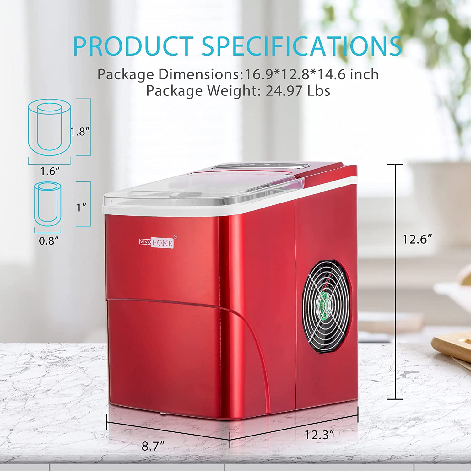 VIVOHOME 26 lbs./day Countertop Portable Ice Cube Maker in Red
