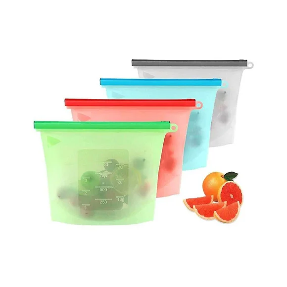Sunrain Silicone Food Pouches Reusable, Silicone Food Storage Pouches Compatible With Fruits Vegetables