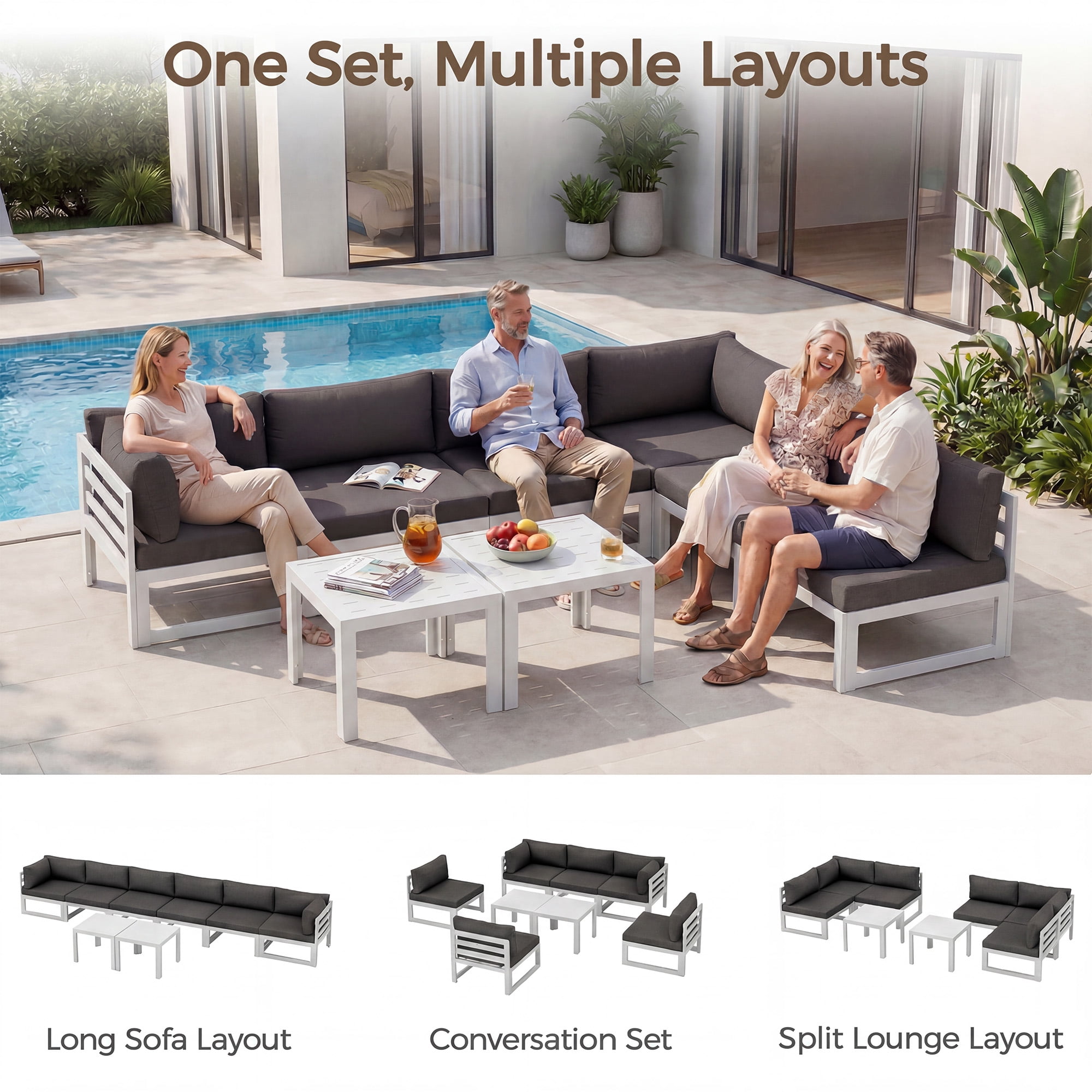 RADIATA Patio Aluminum Furniture Set with Oversized 29" Seats&Coffee Table, 8 Pieces Large Outdoor Modern Sectional Conversation Sofa Set with 4" Cushions for Backyard, Poolside, White&Dark Gray