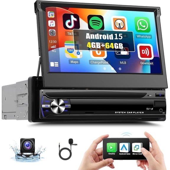 Podofo 4G 64G Single Din Car Stereo Radio Android 15.0 4 Cores 7 inch Retractable Touch Screen with Wireless Carplay&Android Auto,WiFi /GPS Backup Camera