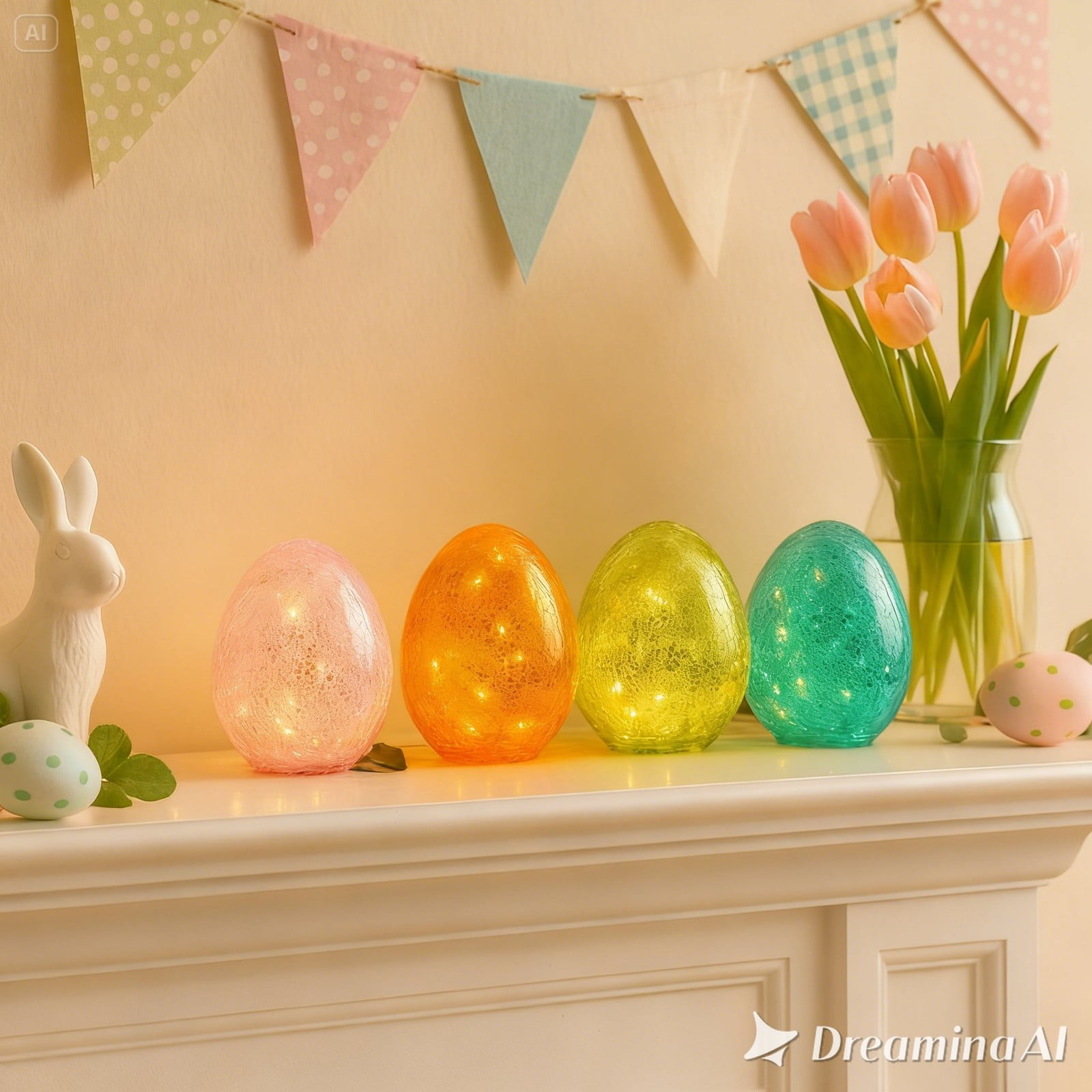 6 Inch LED Lighted Easter Egg Decor, Crackle Glass Illuminated Egg with Warm White Fairy Lights, Battery Operated Spring Table Centerpiece Pink