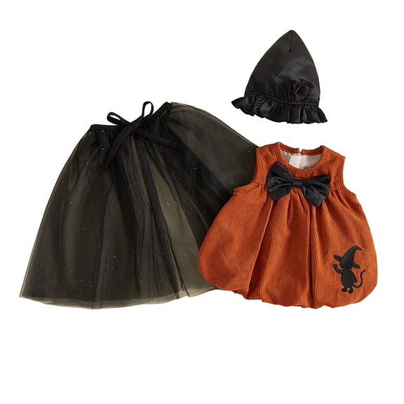 RUINIXCW Newborn Baby Girl Halloween Witch Costume Infant Girl Cosplay Party Outfit Orange Sleeveless Corduroy Tops Tulle Cloak Witch Hat Set
