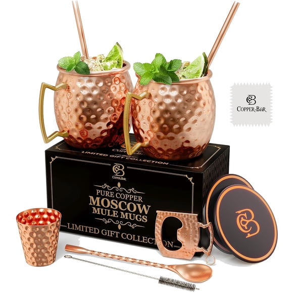 COPPER-BAR Moscow Mule Copper Mugs - Unique HANDCRAFTED Gift Set of 2, Hammered by Artisan, 100% Pure Solid Copper Cups 16oz for Drinking Water & Cocktails, Inc