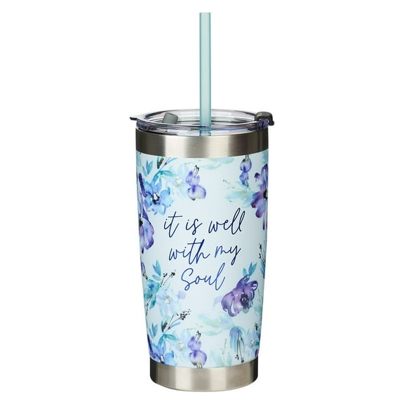 It is Well with My Soul Women's Inspirational Travel Tumbler Mug w/Lid and Reusable Straw, Purple/Blue Floral, 18oz Double Wall Vacuum Insulated Stainless Steel, With Love