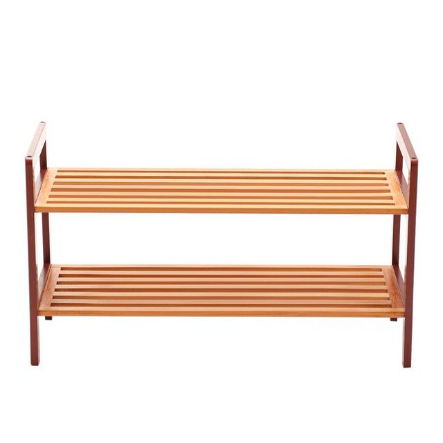 New Ridge Home Goods HX-70053 Natural Bamboo 2-Tier Shoe Rack Shoe Tower Shelf Storage Organizer Cabinet, Brown