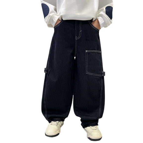 MDUKONU Boys Cargo Denim Pants Kids Wide Leg Oversized Jeans High Waist Jeans with Pockets Size: 6-7 Years Blue