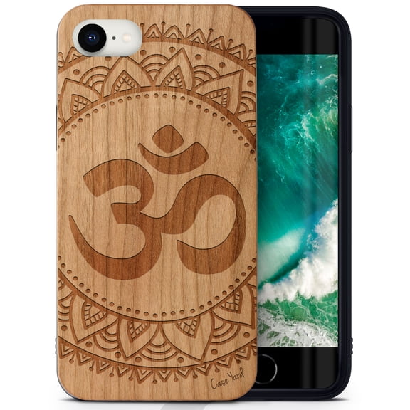 Case Yard Wooden Case Outside Soft TPU Silicone, Slim Fit Shockproof Wood Protective Phone Cover for Girls Boys Men and Women, Supports Wireless Charging Ohm Mandala Design case for iPhone-SE