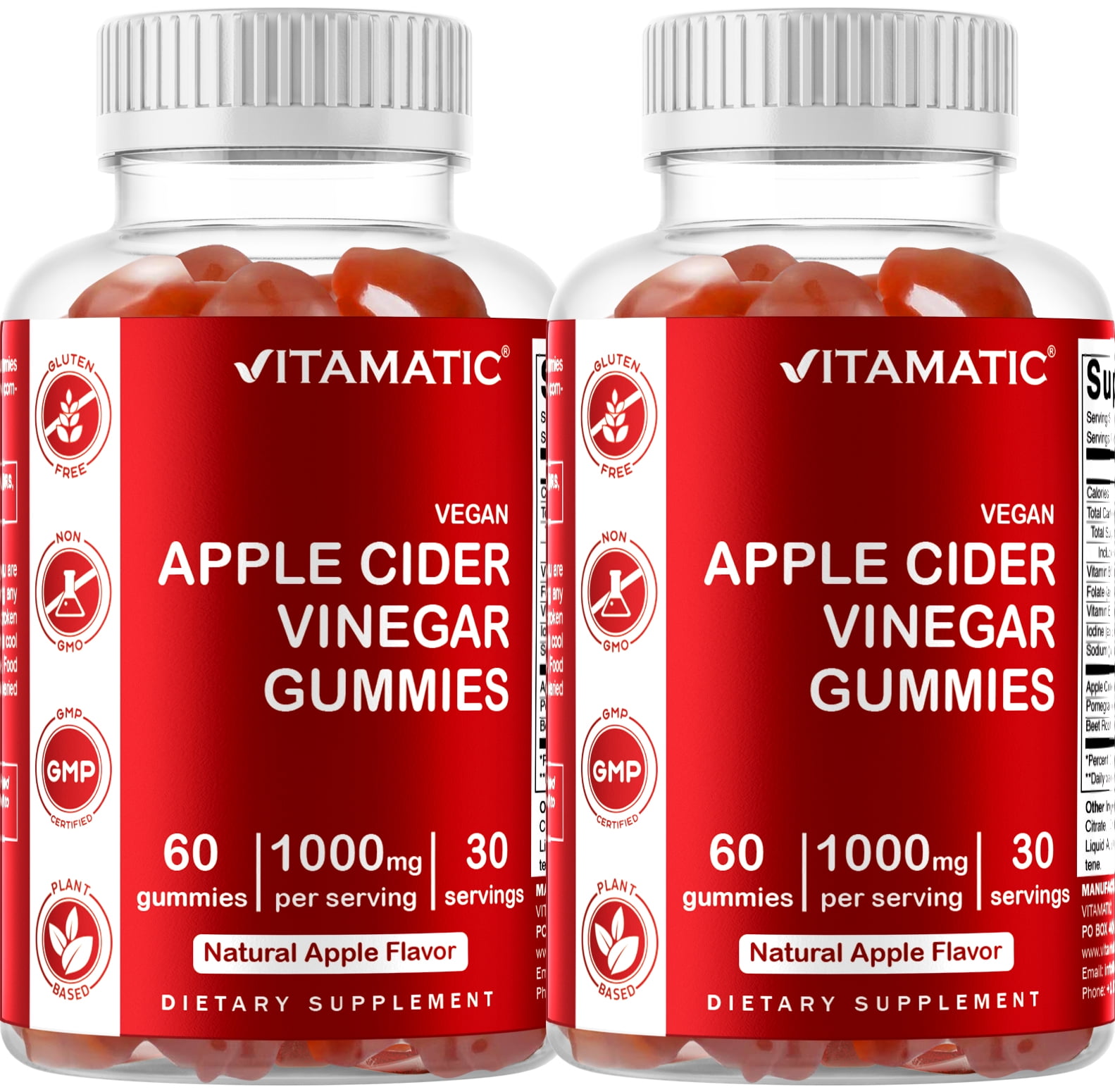 2 Pack - Vitamatic Apple Cider Vinegar Gummies - 1000mg per Serving - 60 Vegan Gummies - ACV Gummies for Detox, Weight Loss Support, Energy Boost, Digestion & Gut Health (Total 120 Count)