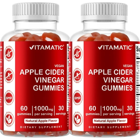 2 Pack Vitamatic Apple Cider Vinegar Gummies, 120 Vegan Gummies for Weight Loss Support