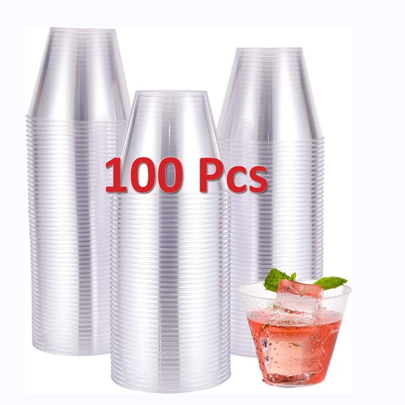 9 oz Clear Disposable Plastic Cups (100 Pack) Elegant Tumblers Glasses for Birthday Parties, Weddings, Holidays, Dessert Tumbler, Bulk Drinking Cup for Fruit Punch, Cocktails, Wine